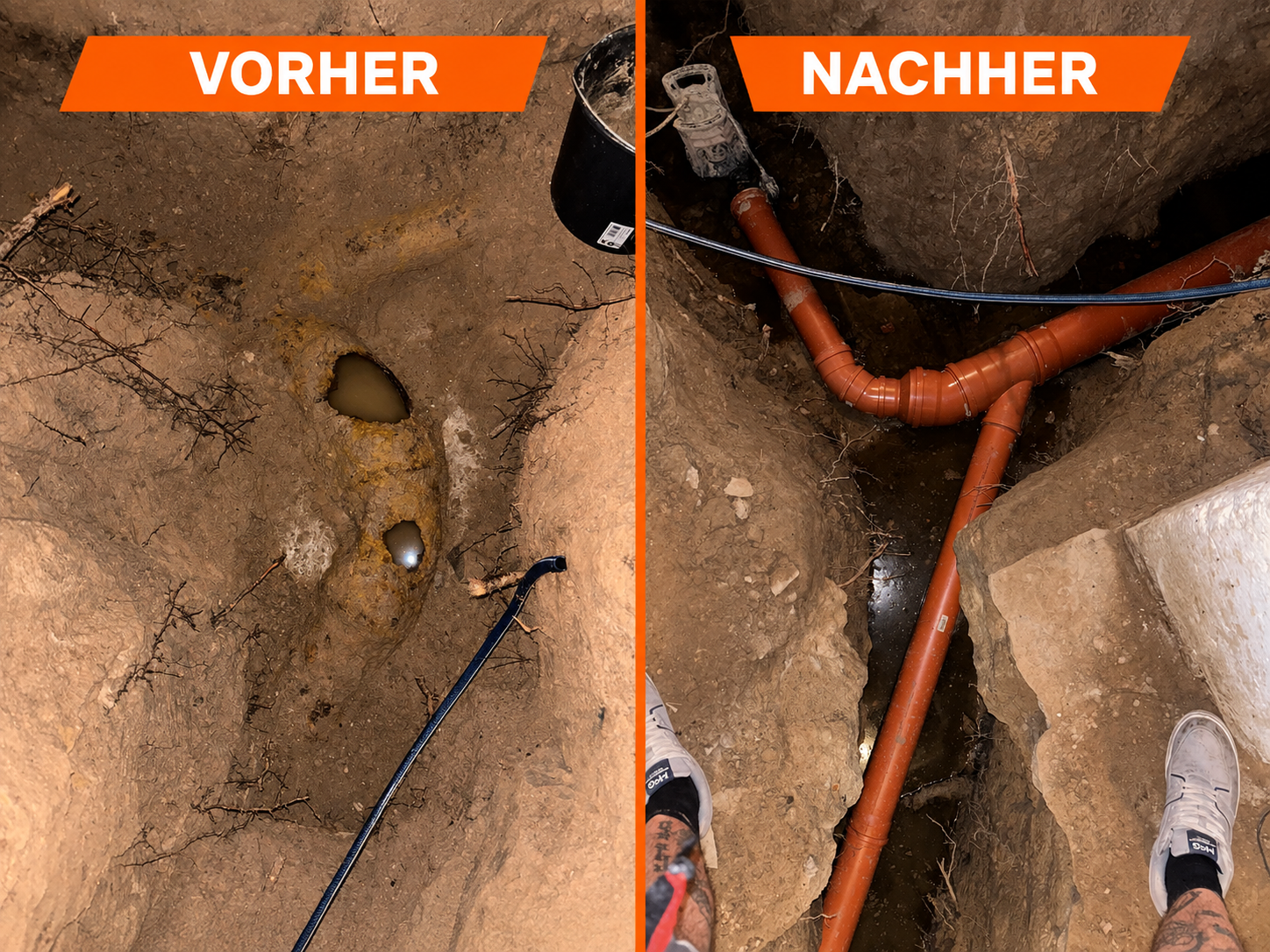 Vorher-Nachher-Vergleich einer neu hergestellten Rohrführung im Erdreich